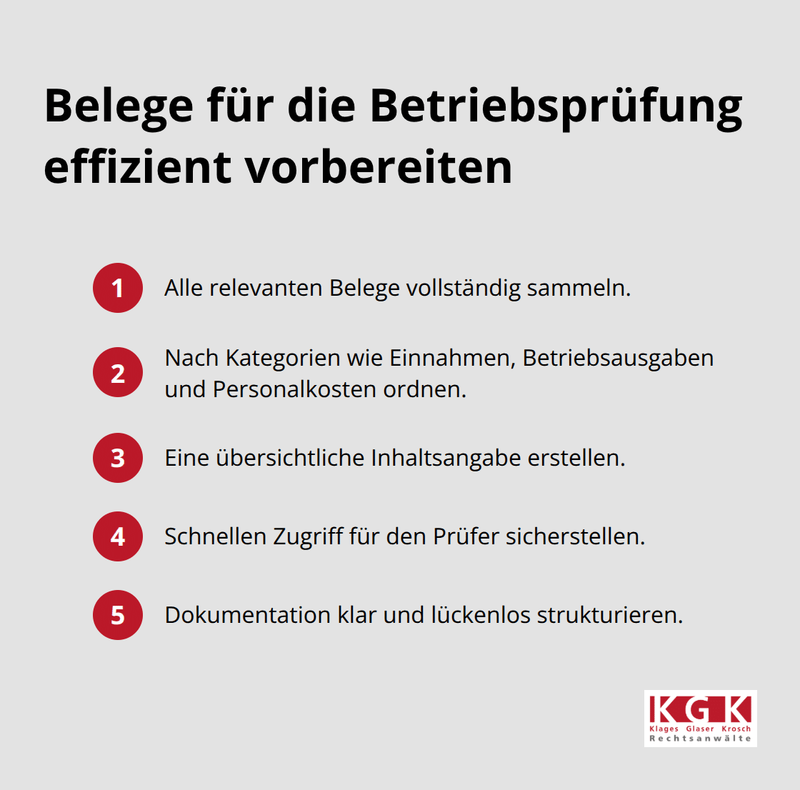 Kompakte Liste mit Schritten zur Belegorganisation vor der Betriebsprüfung