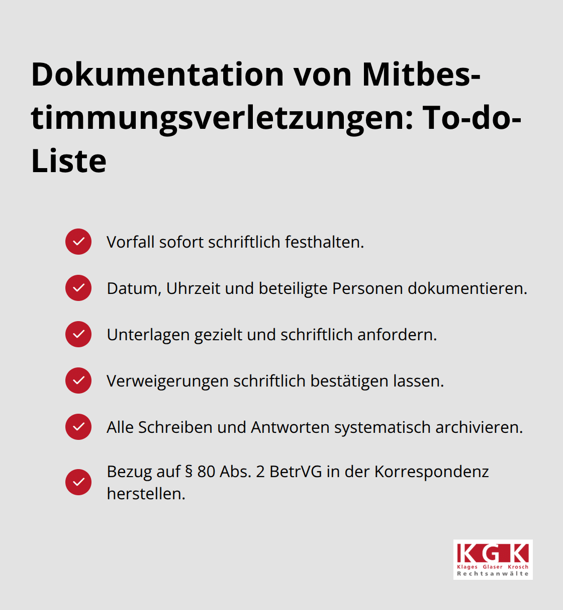 Checkliste mit Schritten zur lückenlosen Dokumentation von Verstößen gegen Mitbestimmungsrechte - Betriebsrat Mitbestimmung Beratung Köln