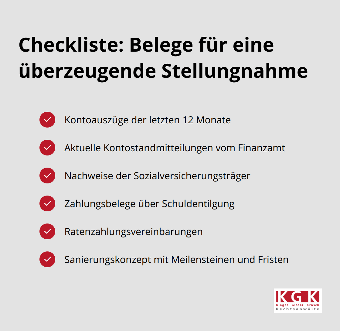 Checkliste der Unterlagen für die Stellungnahme im Anhörungsverfahren