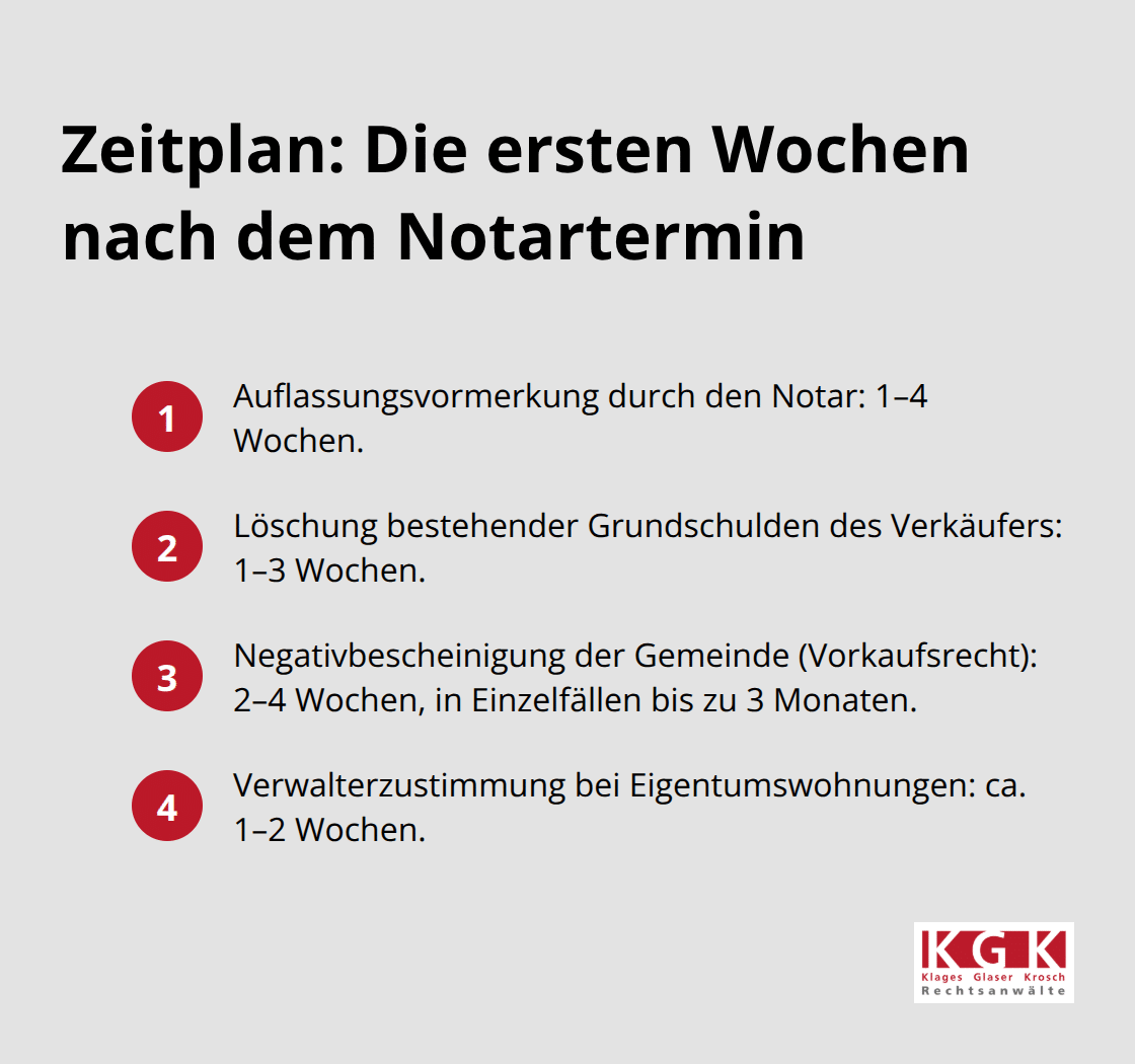 Kompakte Übersicht der wichtigsten Schritte und üblichen Fristen in den ersten Wochen nach dem Notartermin. - Immobilienkauf Abwicklung Köln