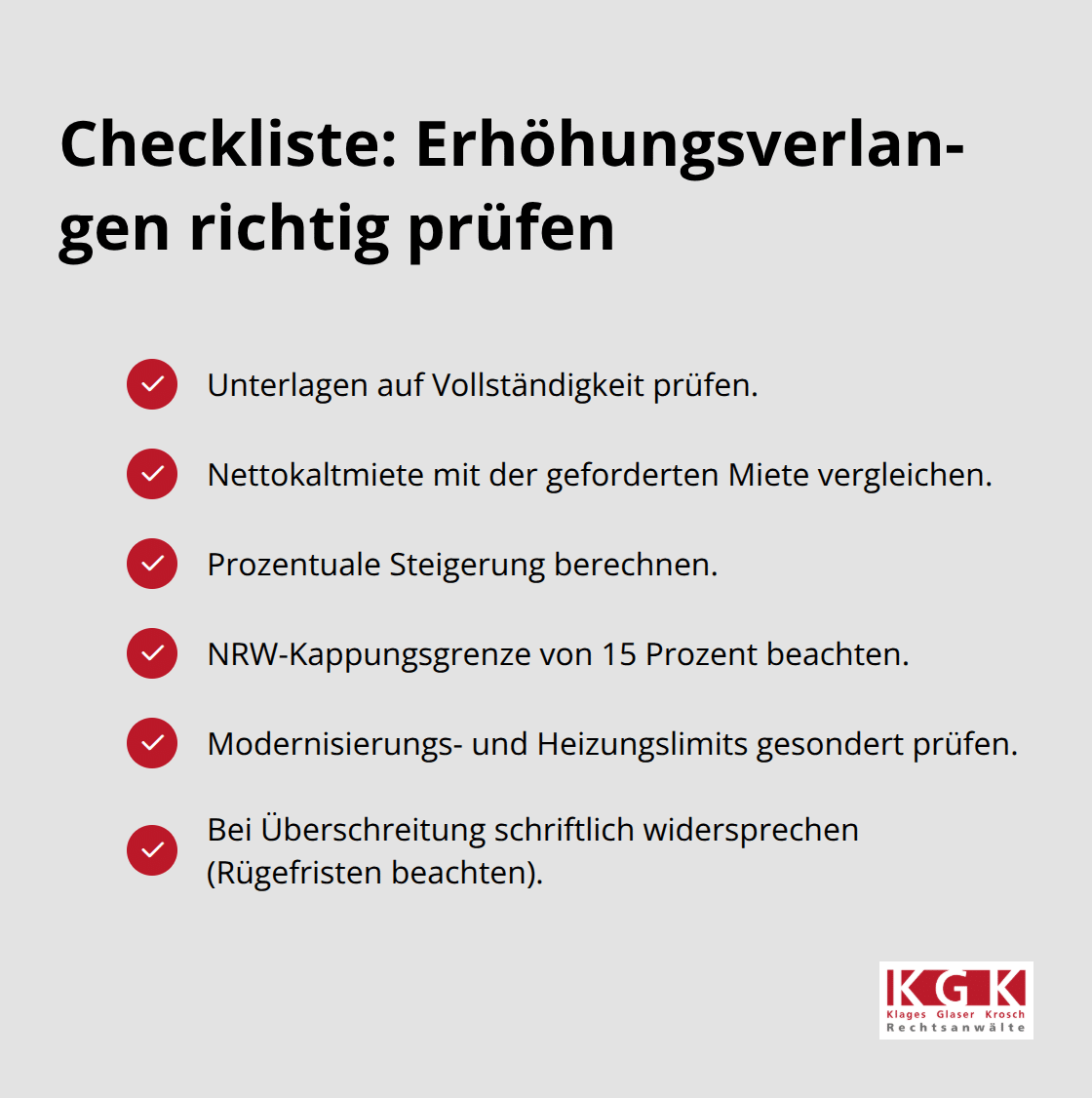 Sechs kompakte Prüfschritte für Mieter zur Bewertung einer Mieterhöhung in Köln. - Mieterhöhung Recht Köln Beratung