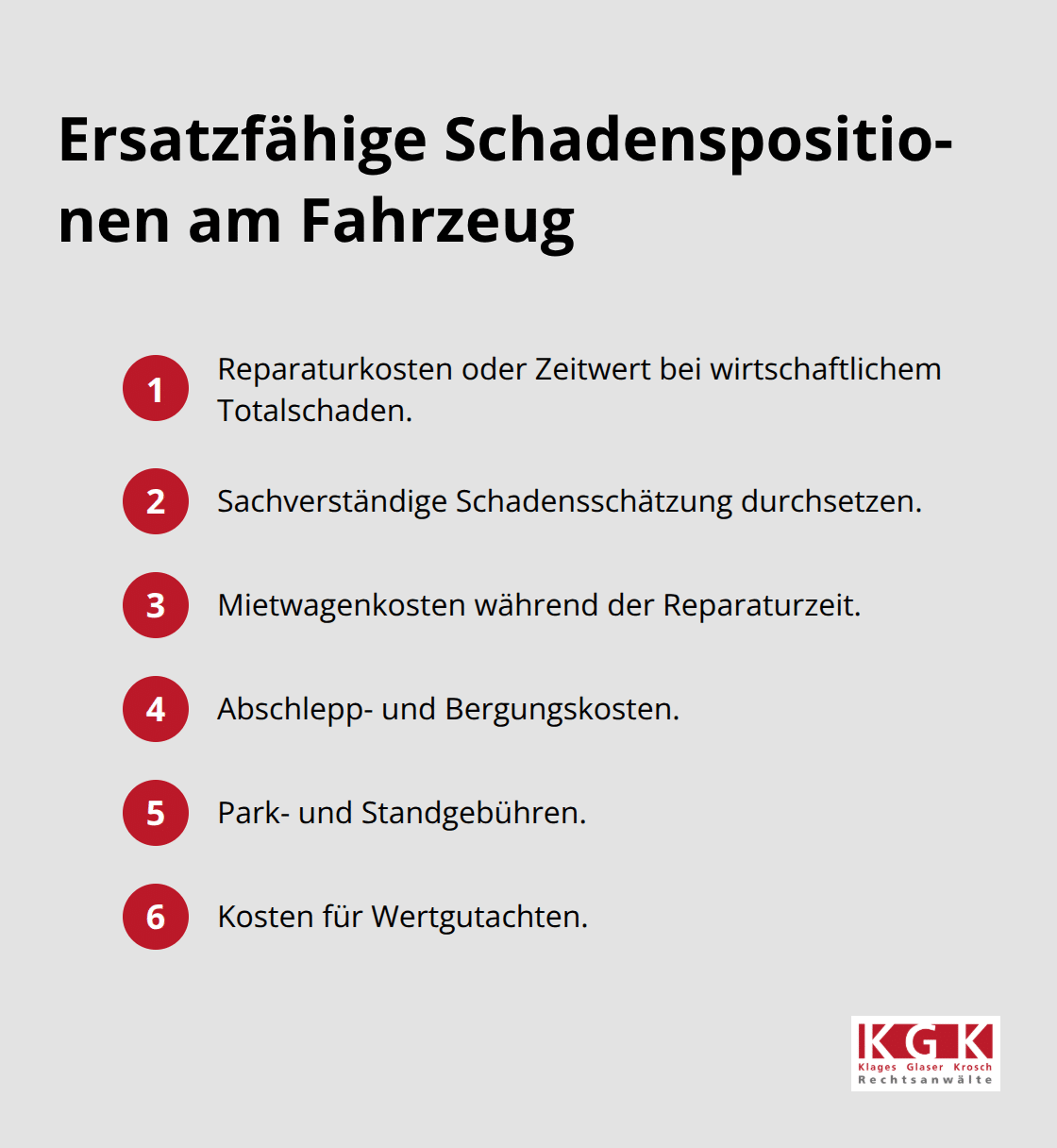 Kompakte Liste typischer erstattungsfähiger Kosten nach einem Verkehrsunfall in Deutschland - Verkehrsunfall Schadensersatz Köln Beratung