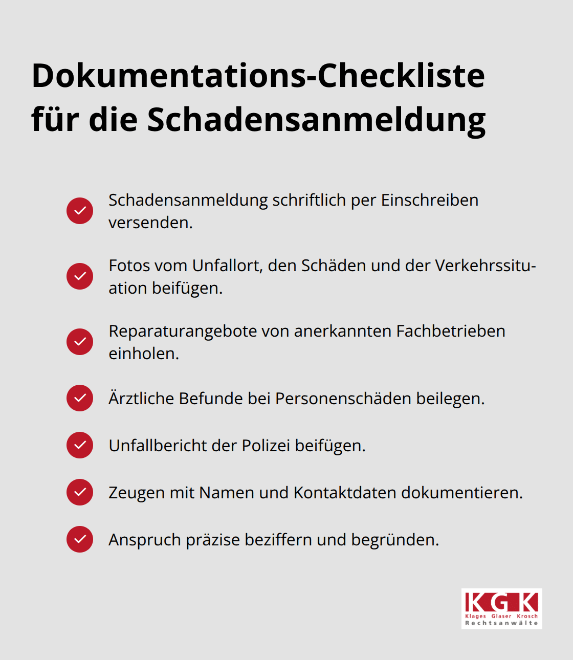 Checkliste mit den wichtigsten Schritten und Unterlagen für die Schadensanmeldung - Verkehrsunfall Schadensersatz Köln