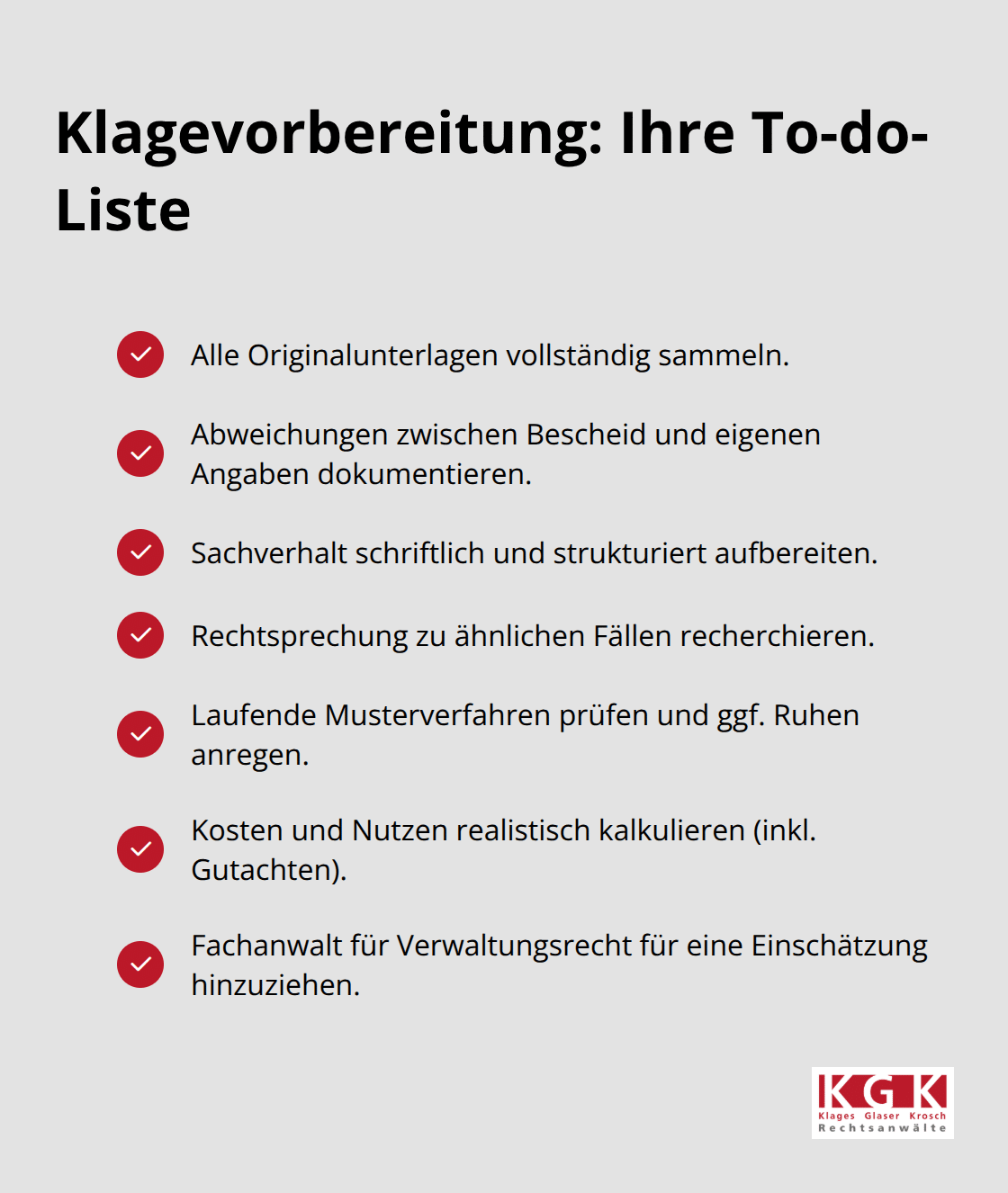 Checkliste der wichtigsten Vorbereitungsschritte für eine Klage im Verwaltungsrecht. - Verwaltungsakt Klage Chancen