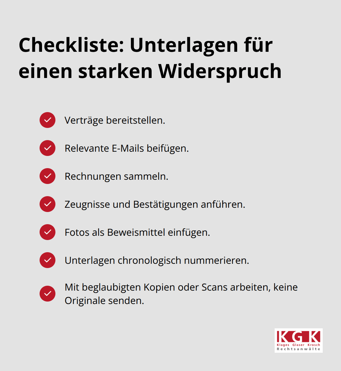 Checkliste mit erforderlichen Belegen zur Untermauerung eines Widerspruchs in Deutschland
