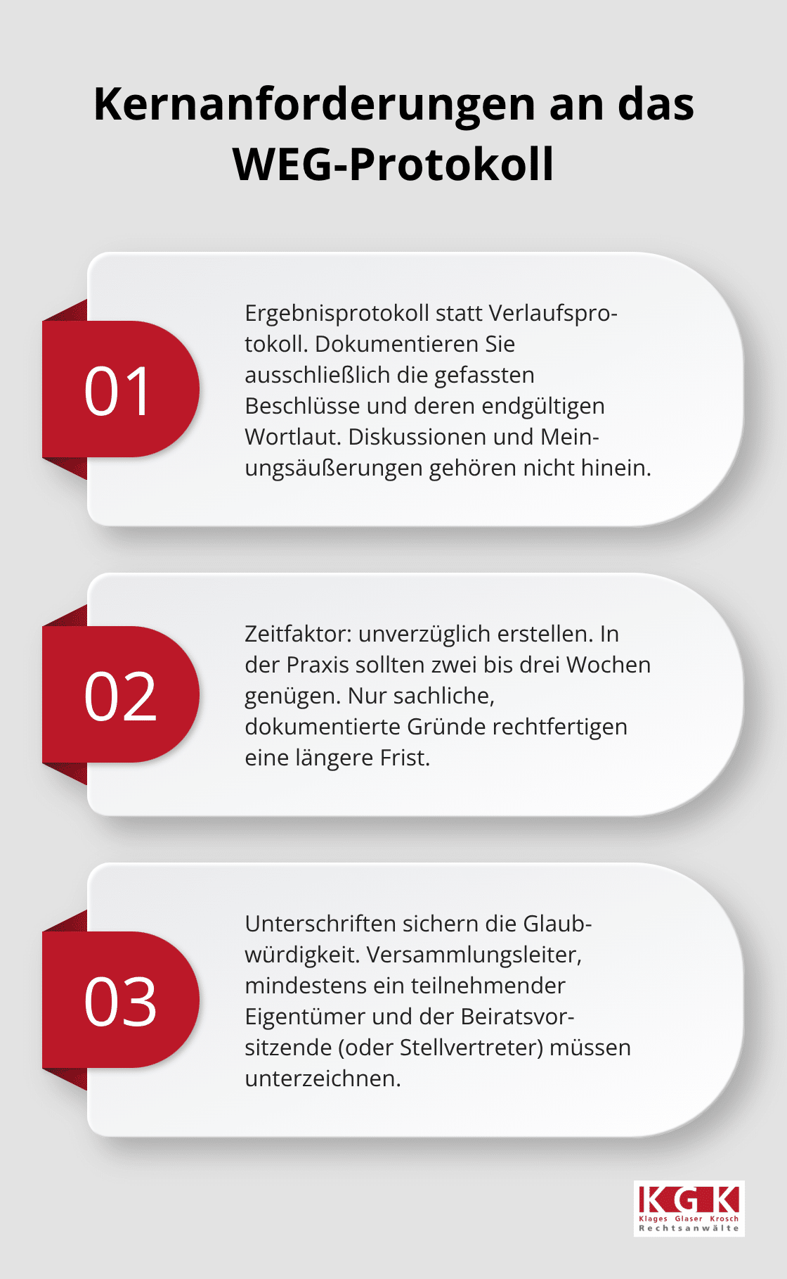 Drei zentrale Anforderungen an ein rechtssicheres WEG-Protokoll als kompakte Übersicht
